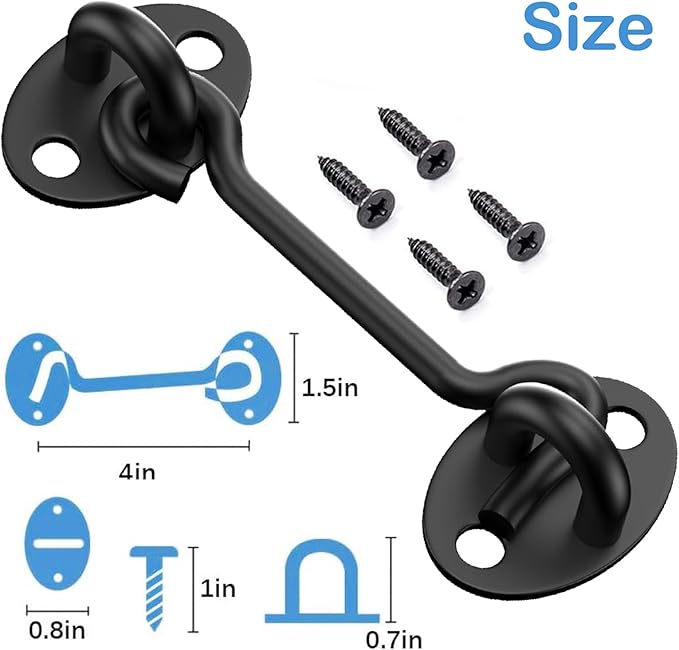 2 Pack Barn Door Latch Lock 6" Black Hook and Eye Latch with Screws, Rust-Resistant Metal Gate Latch for Window, Cabin Hooks, Sliding Door, Bathroom, Bedroom