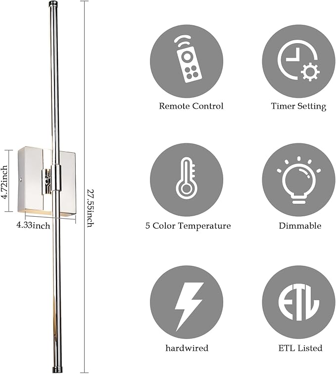 LED Wall Sconce with Remote Control, LED Wall Light, 5 Colors 3000K-6500K & Dimmable, Hardwire Wall Lamp for Living Room, Bedroom, Chrome