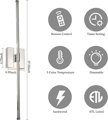 LED Wall Sconce with Remote Control, LED Wall Light, 5 Colors 3000K-6500K & Dimmable, Hardwire Wall Lamp for Living Room, Bedroom, Chrome