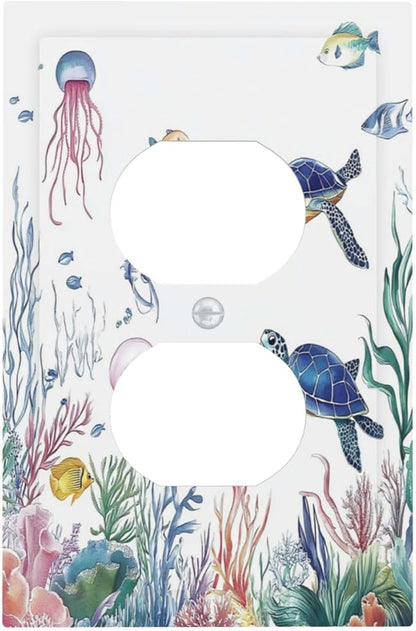 Blue Sea Turtle Ocean Fish Octopus Coral Outlet Covers 1 Gang Duplex Light Switch Cover Decorative Switch Plates Electrical Receptacle Faceplate Wall Plate For Bathroom Kids Room Decor