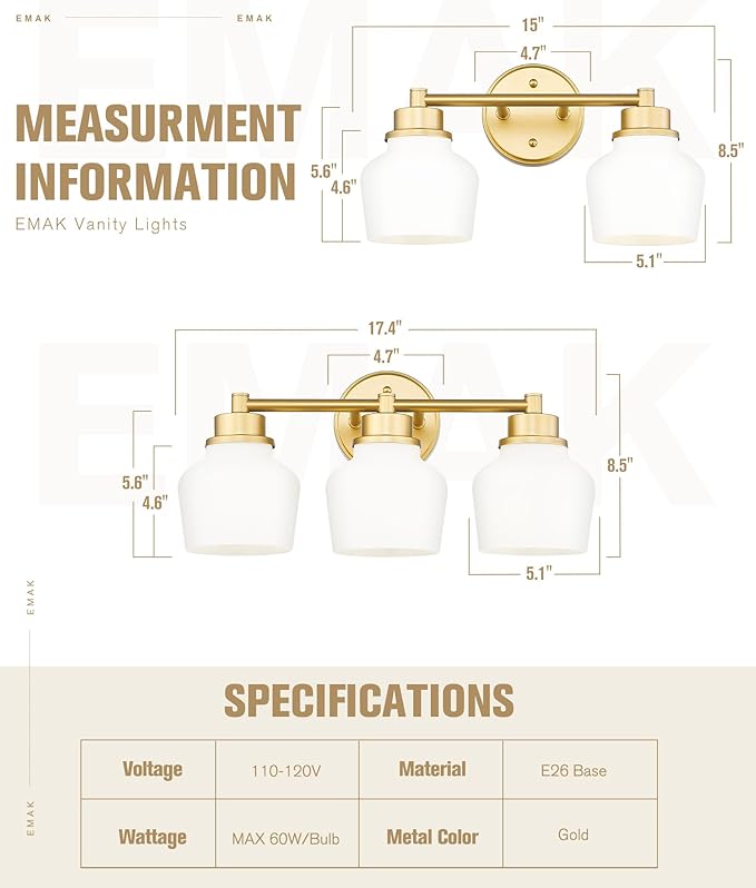 Emak Modern Gold Bathroom Light Fixtures, 2-Light Vanity Lights with Milk Glass Shade for Bathroom, Mirror, VL122-GD-ML-2