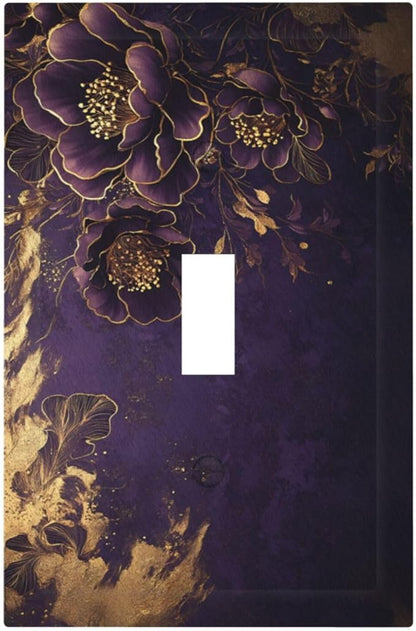 Decorative Light Switch Cover Vintage Purple Peony Gold Leaf Flowers Floral 1 Gang Wall Plate Oversized Single Toggle Jumbo Electrical Switchplate Face