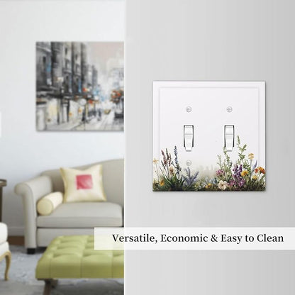 Decorative Switch Plate Covers White Background Colorful Flowers Plants Green Leaves 2 Gang Double Toggle Light Switch Cover Plate Electrical Wall Plate Outlet Cover for Bedroom Home Decor