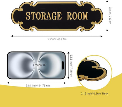 9x3 Inch Storage Room Sign Acrylic Self-adhesive Door Wall Signage for Home and Business (Black & Gold)