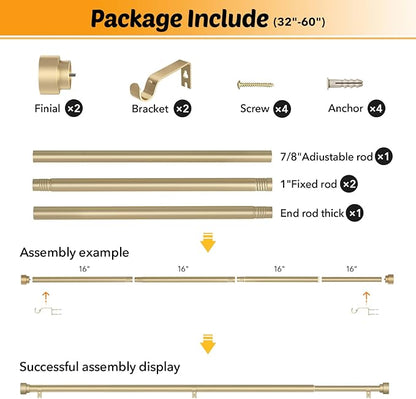 GEEBOBO Gold Curtain Rods for Windows 28 to 48 Inch, 1 Inch Adjustable Heavy Duty Decorative Window Curtain Rod, W1(Gold, 32"-60")