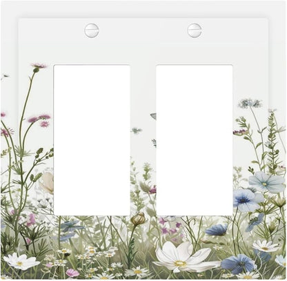 Colorful Wildflowers Daisy Plant Butterfly Floral Decorative Outlet Covers 2 Gang Double GFCI Rocker Electrical Wall Panels Light Switch Cover Plate for Bed Room Living Room Decor
