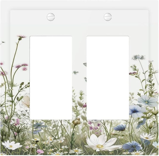Colorful Wildflowers Daisy Plant Butterfly Floral Decorative Outlet Covers 2 Gang Double GFCI Rocker Electrical Wall Panels Light Switch Cover Plate for Bed Room Living Room Decor