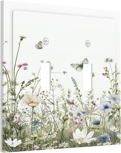 Colorful Wildflowers Daisy Plant Butterfly Floral Decorative Switch Plates 2 Gang Double Toggle Outlet Light Switch Cover Wall Plate Electrical Faceplate for Bed Room Living Room Decor