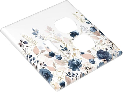 Blue Flora Boho Vintage Flower Golden Leaves Wallplates 1 Toggle 1 Duplex Switch Plate Electrical GFCI Faceplate Decorative Light Switch Covers for Bedroom Living Room Decor