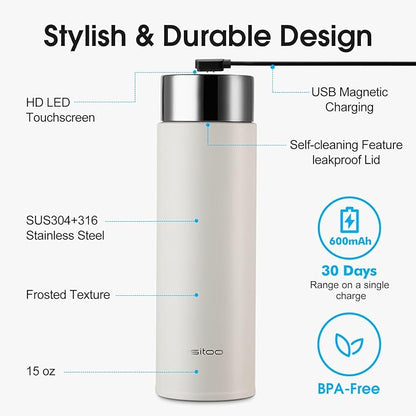 Vsitoo Smart self cleaning Insulated Water Bottle, 15oz Stainless Steel Vacuum Flask, AI Self-Clean, 30-Day Battery Life, BPA-Free, Magnetic Charging, Portable Travel Mug Gifts for Men Women, White