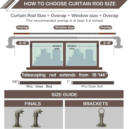 Industrial Curtain Rods 18 to 144 in,Blackout Curtain Rod,Adjustable Length,1 in Diameter Pipe,Wall or Ceiling Mounted,for Bedroom and Living Room (Antique Silver 18” to 144”)