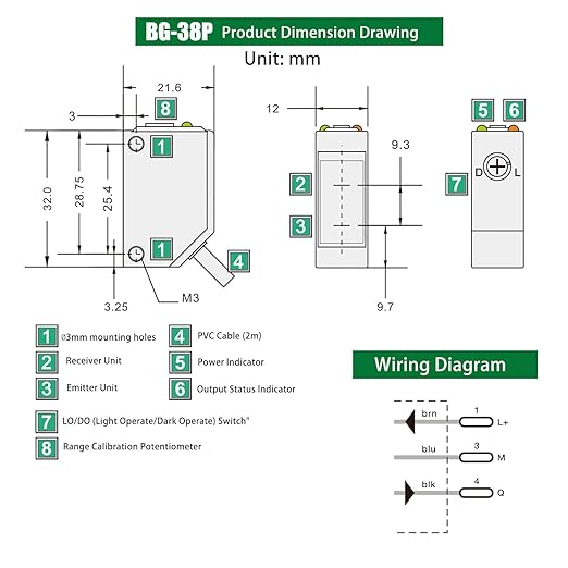 BG-38P Photoelectric Sensors,Background Suppression Diffuse Photoelectric Sensor,Sensing Distance 5-350mm,10–30VDC,PNP Output,Detection Distance Unaffected by Object Color