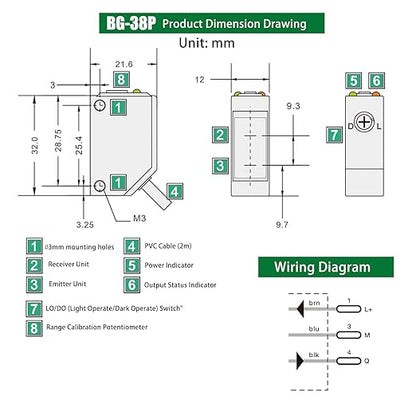 BG-38P Photoelectric Sensors,Background Suppression Diffuse Photoelectric Sensor,Sensing Distance 5-350mm,10–30VDC,PNP Output,Detection Distance Unaffected by Object Color