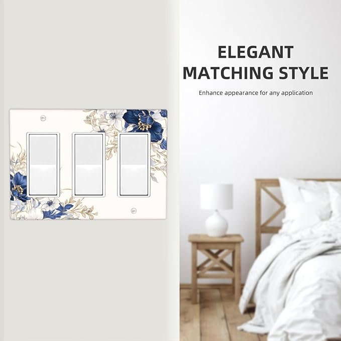 Decorative Outlet Covers Rustic Blue White Flowers Floral Penoy 3 Gang Wall Plate Triple Rocker Light Switch Cover Plate Jumbo Electrical GFCI Face Plate for Bedroom Home Decor