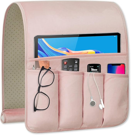 Remote Control Holder for Armchair，Couch Caddy Organizer TV Remote Holder for Bed Storage 5 Pockets，Remote Caddy Bedside Organizer Bedside Table Organizer (Pink, 35"x12.4")