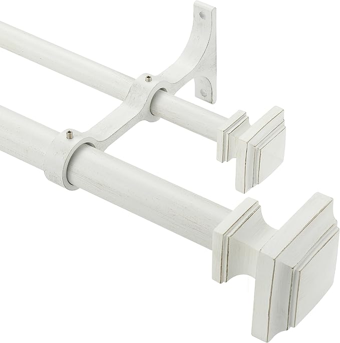 Double Wood Curtain Rods for Windows 72 to 144 Inches,1 Inch Decorative Wooden Curtain Rod with Square Imitation Wood Grain Finials and Double Aluminum Bouquet Bracket, Antique White