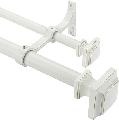 Double Wood Curtain Rods for Windows 72 to 144 Inches,1 Inch Decorative Wooden Curtain Rod with Square Imitation Wood Grain Finials and Double Aluminum Bouquet Bracket, Antique White