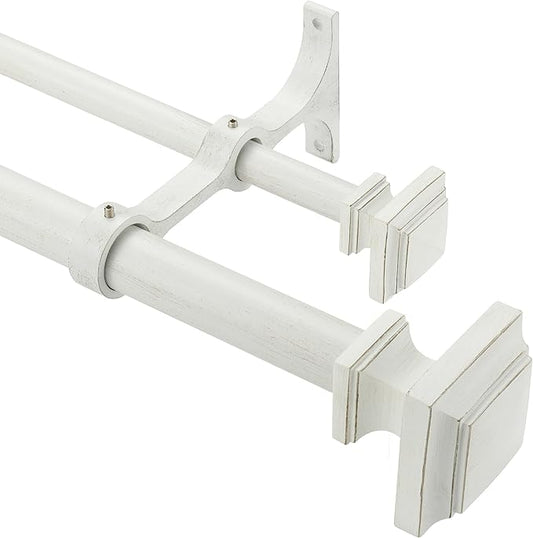 Double Wood Curtain Rods for Windows 72 to 144 Inches,1 Inch Decorative Wooden Curtain Rod with Square Imitation Wood Grain Finials and Double Aluminum Bouquet Bracket, Antique White