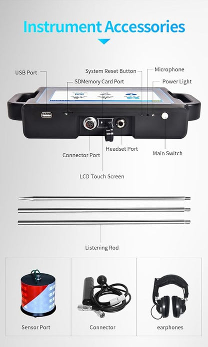 PQWT CL200 Water Leak Detectors for Home and Outside Wall Water Pipe Detector Acoustic Pipeline Leakage Detection Kit Professional Sensor Noise Reduce Headphone LCD Touchscreen Carry Case 2 Meters