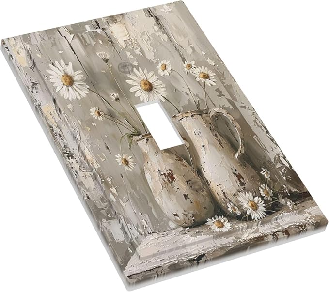 Decorative Light Switch Cover Vintage Rustic Floral White Daisy Flower Oil Painting Style 1 Gang Single Toggle Device Electrical Faceplate Switchplates Decorator Outlet Wall Plate for Home
