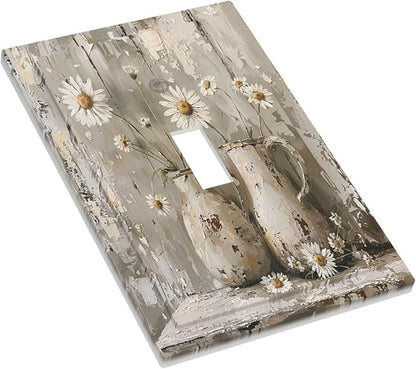 Decorative Light Switch Cover Vintage Rustic Floral White Daisy Flower Oil Painting Style 1 Gang Single Toggle Device Electrical Faceplate Switchplates Decorator Outlet Wall Plate for Home