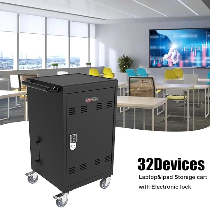 Laptop Charging Cart, 30 Laptop Storage Cart, Electronic Combination Lock,Mobile Charging Cabinet for iPads up to 16.3", Chromebook Devices, Cord Management.School,Business.Black