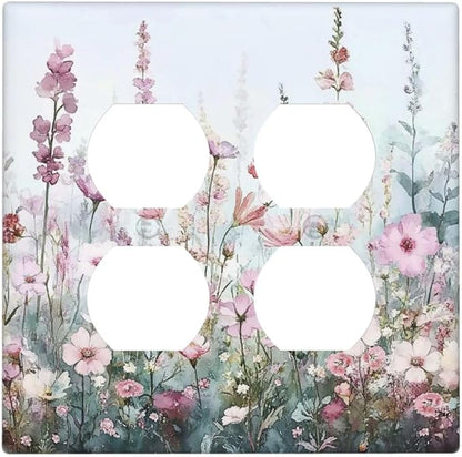 Pink Floral Watercolor Botanical Wildflowers Outlet Covers 2 Gang Double Duplex Decorative Light Switch Covers Electrical Wallplates Socket Faceplate For Bed Room Living Room Decor
