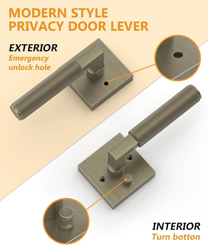Asidrama 1 Pack Brushed Antique Brass Privacy Door Handles, Door Lever with Door Knobs Indoor for Bedroom or Bathroom, Heavy Duty Door Handles Interior with Locks for Left Right Sided Doors