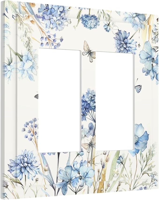 Decorative Outlet Covers Blue Floral Hydrangea Plants 2 Gang Double GFCI Rocker Electrical Wall Panels Light Switch Cover Plate for Bedroom Home Decor