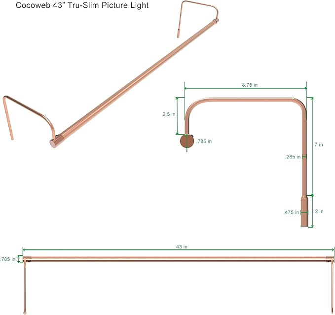 Cocoweb 43 Inch Tru-Slim Copper Picture Light - LED, 2700K, Adjustable Arm, Plug-in, Toggle Switch, Sleek and Compact Design