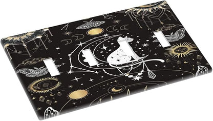 White Cat Tarot Moon Phases Moth Celestial Gothic Light Switch Covers Quad Toggle Electrical Faceplate 4 Gang Wall Plate Decorative Switch Plates Cover for Kids Room Bedroom Decor