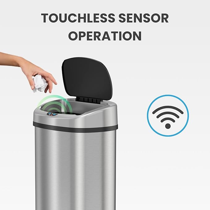 SensorCan 50 Liter / 13 Gallon Kitchen Trash Can with AC Adapter & Odor Filter – Motion Sensor Stainless Steel Garbage Bin for Home, Office, Garage – Slim Oval Shape, Large Capacity Design