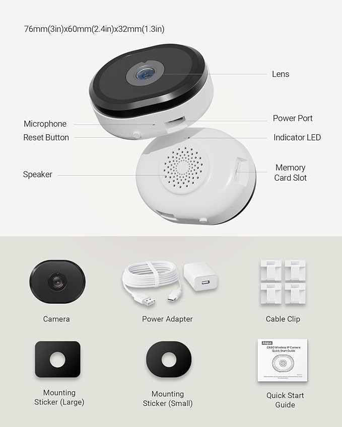 Anlapus A60 3MP 2K Window Security Camera, Plug-in WiFi Indoor Camera for Home Security, 5G/2.4G WiFi, Color Night Vision, Motion Detection, 24/7 Recording, Easy Install, US-Only Cloud Storage