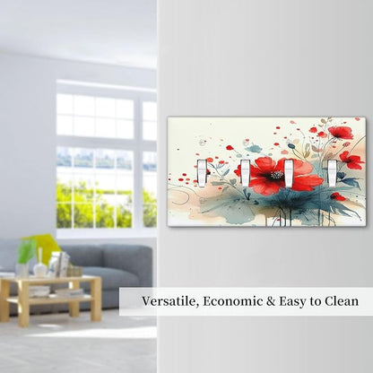 Vintage Floral Red Watercolor Modern Light Switch Covers Quad Toggle 4 Gang Wall Plate Decorative Switch Plates Electrical Faceplate for Bedroom Bathroom Decor