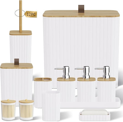 Bathroom Accessory Set - White Bathroom Set, 12PC Bathroom Accessories Set, White Bathroom Accessories Set, Mini Trash Can, Toilet Brush, Trash Can & Soap Dispenser