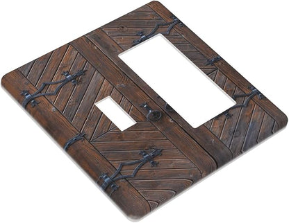 Decorative Outlet Covers Vintage Brown Wood Barn Door 2 Gang Wall Plate Single Toggle 1 Rocker Light Switch Cover Switch Plate Covers for Farmhouse Bedroom Home Decor