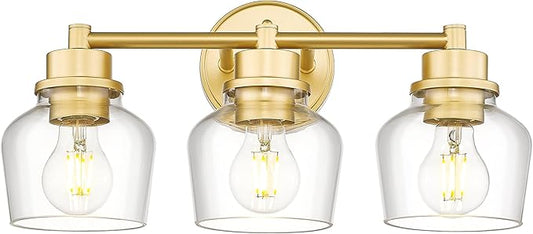 Emak Modern Gold Vanity Lights, Bathroom Lighting Fixtures Over Mirror with Clear Glass Shade, 3-Light Vanity Light for Bathroom, Mirror, Makeup Desk, VL122-GD-CG-3
