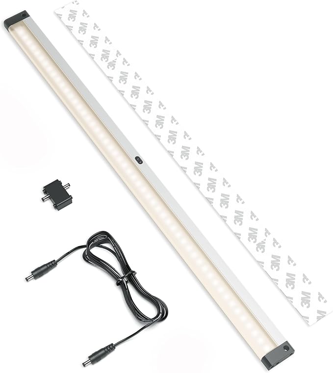 EShine Extra Long 20 inch LED Dimmable Under Cabinet Lighting Strip with Hand Wave Motion Sensor, Black, with Accessories (No Power Supply Included), Warm White (3000K)