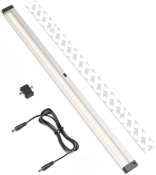 EShine Extra Long 20 inch LED Dimmable Under Cabinet Lighting Strip with Hand Wave Motion Sensor, Black, with Accessories (No Power Supply Included), Warm White (3000K)