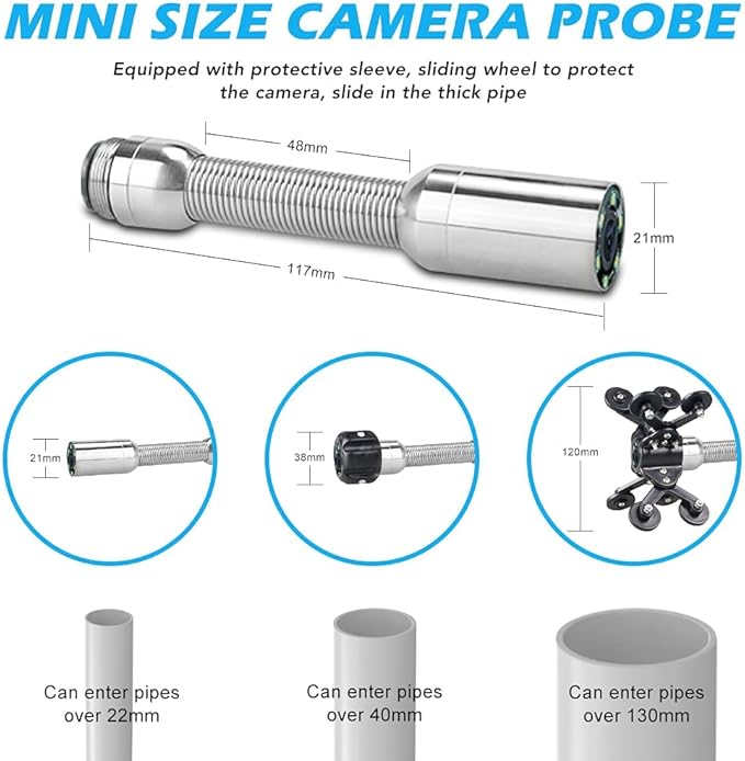 Sanyipace Sewer Camera 165FT/50M with WiFi Wireless Transmission, Drain Camera with Lights, Pipe Sewer Scope Inspection Camera with IP68 Waterproof Camera Probe, 7" Color Screen, Camera Guide Wheel