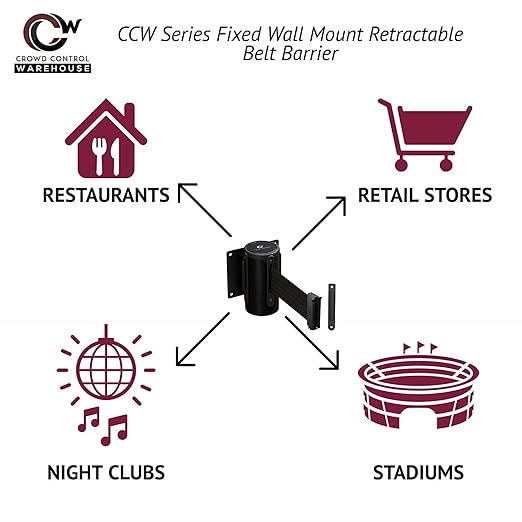 Crowd Control Warehouse - CCW Series WMB-120 Fixed Wall Mount Retractable Belt Barrier - 11 Foot, Orange Belt with Black Steel Case, Crowd Control Barriers