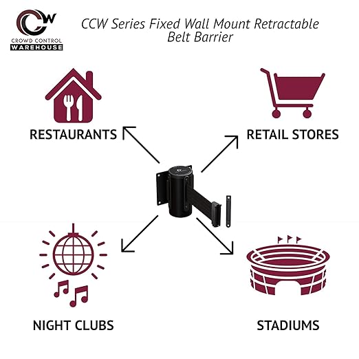 Crowd Control Warehouse - CCW Series WMB-120 Fixed Wall Mount Retractable Belt Barrier - 11 Foot, Dark Grey Belt with Black Steel Case, Crowd Control Barriers