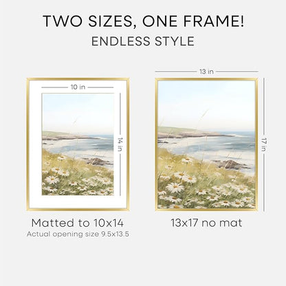 Homeforia 13x17 Picture Frame Gold, High End Metal 13x17 Poster Frames with Mat 10x14 Photo, 13 x 17 Gold Frame Matted to 10 by 14 Print, 17by13 Thin Hanging Frames, Tempered Glass, Wall Kit, Set of 1