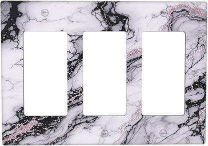Light Switch Covers White Marble Pattern Black Lines Pink Lines 3 Gang Rocker Electrical GFCI Decorative Triple Outlet Wall Plate Cover Switchplate for living Room Office Decor