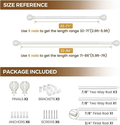 KAMANINA Curtain Rods for Windows 48 to 84 Inch, White Single Heavy Duty Curtain Rod Adjustable, 7/8 Inch Decorative Drapery Rod 32 to 86 Inch(2.6-7.1Ft), Netted Texture End