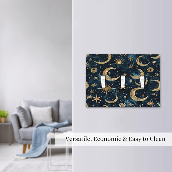 Decorative Switch Plates Modern Abstract Sky Blue Gold Moon Sun Star 3 Gang Wall Plate Triple Toggle Light Switch Cover Faceplate Electrical Wall Panels for Bedroom Kids room Decor