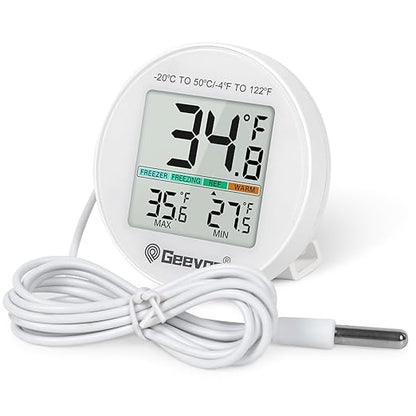 Geevon Refrigerator Thermometer IP65 Waterproof, with External Sensor, Fridge Temperature Monitor for Home Commercial, with LCD Screen, Stand and Magnetic Back, for Refrigerator, Freezer Scenes