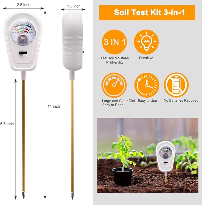 Soil Test Kit 3-in-1, Soil Moisture Meter, Soil PH Meter, Fertility Soil Tester, Soil Tester for Garden, Lawn, Farm, Outdoor & Indoor Use (Frost White)