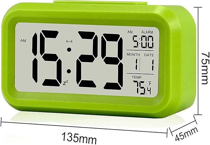 Digital Alarm Clock with LCD Display, Desk Smart Electronic Small Clock with Indoor Temperature, Date, Light Sensor, Backlight, Battery Operated, for Home Bedroom Kids Office (Green)