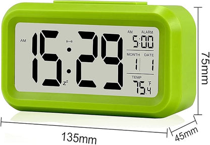 Digital Alarm Clock with LCD Display, Desk Smart Electronic Small Clock with Indoor Temperature, Date, Light Sensor, Backlight, Battery Operated, for Home Bedroom Kids Office (Green)